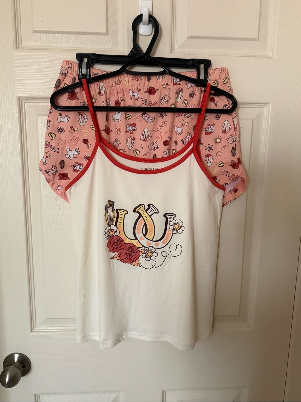 Charisma White Cami with matching shorts Orange Trim & Floral Horseshoe Graphic